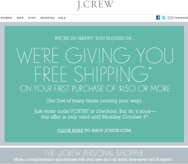 J. Crew welcome email design example