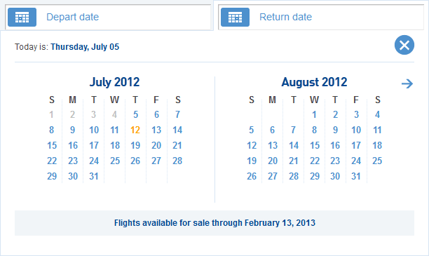 JetBlue Airways calendar and date picker design example