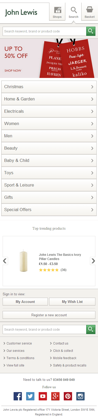 John Lewis mobile ecommerce home page design example