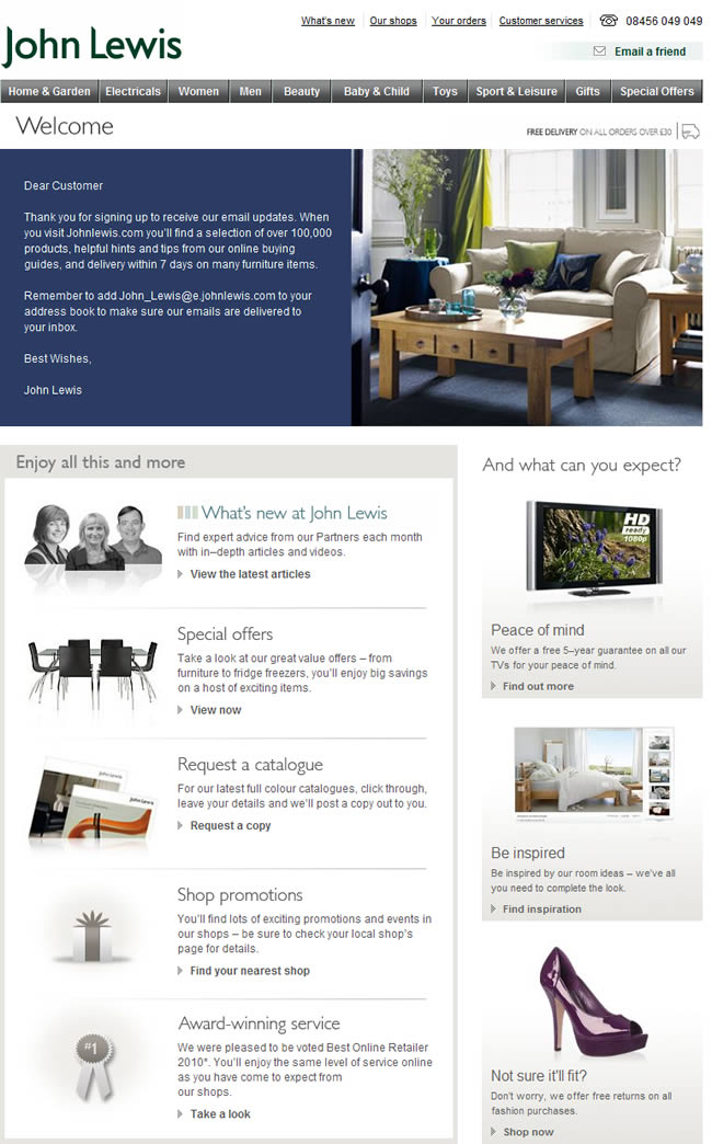 John Lewis welcome email design example