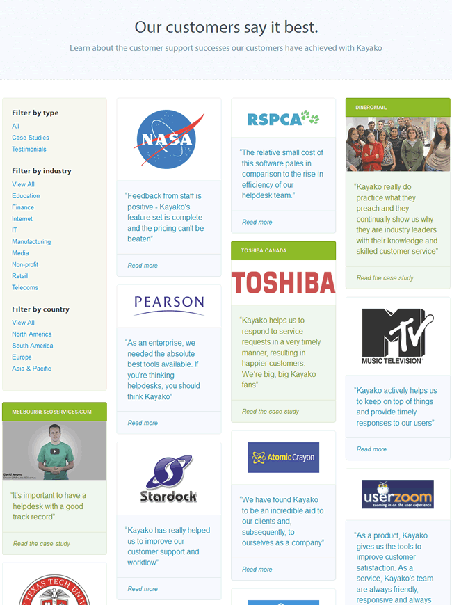 Kayako customers page design example