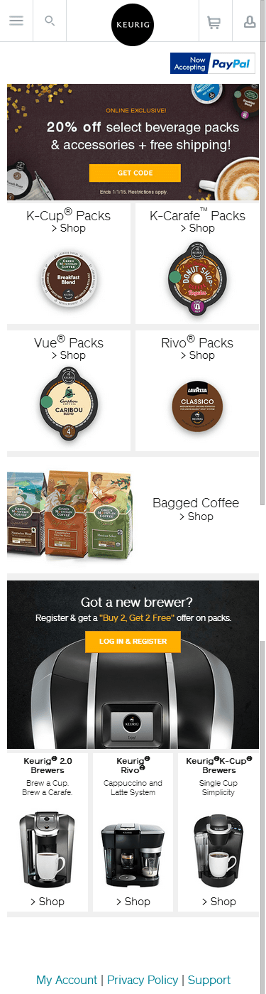 Keurig mobile ecommerce home page design example