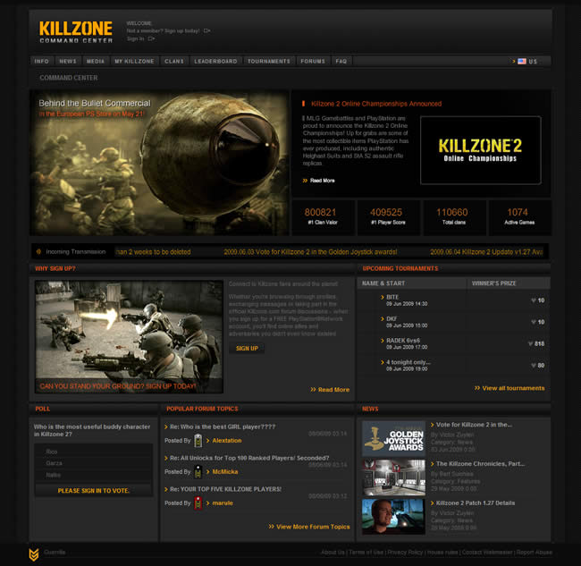 Kill Zone 2 video game website design example