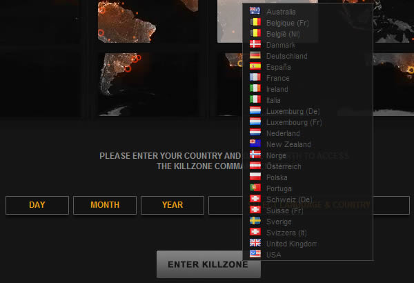 Kill Zone website country selector design example