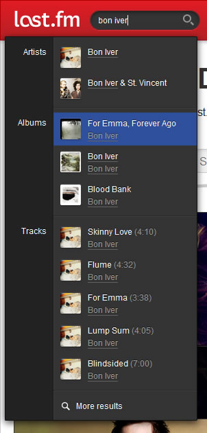 Last.fm search auto-complete design example