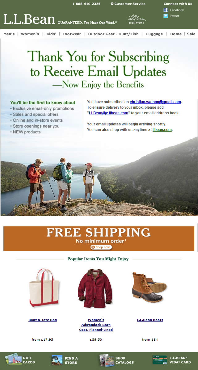 L.L.Bean welcome email design example