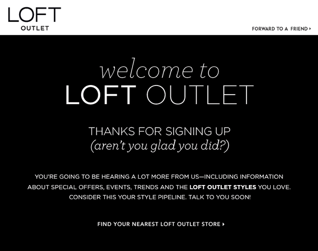 Loft Outlet welcome email design example