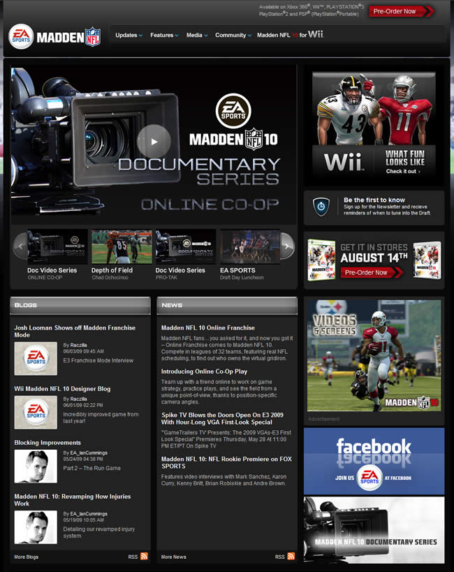 Madden video game website design example