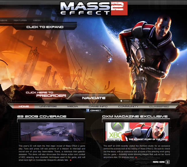 Mass Effect 2 video game website design example