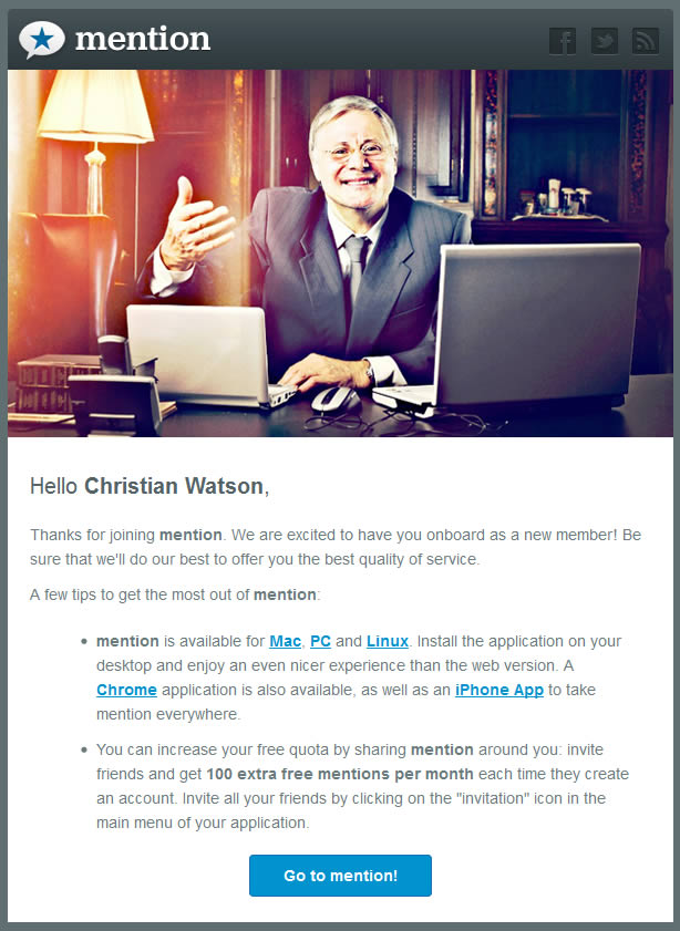 Mention welcome email design example