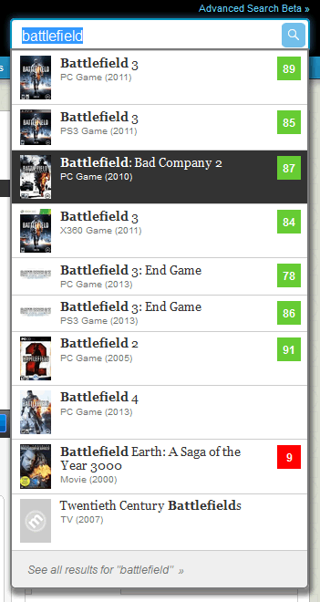 Metacritic search auto-complete design example