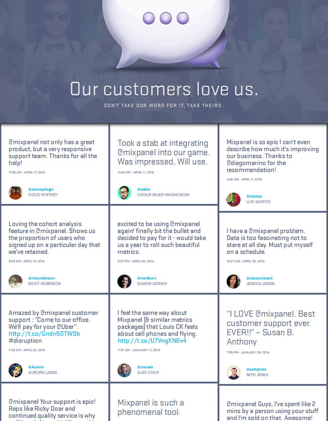 Mixpanel customers page design example