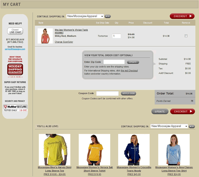 Moosejaw ecommerce shopping cart design example