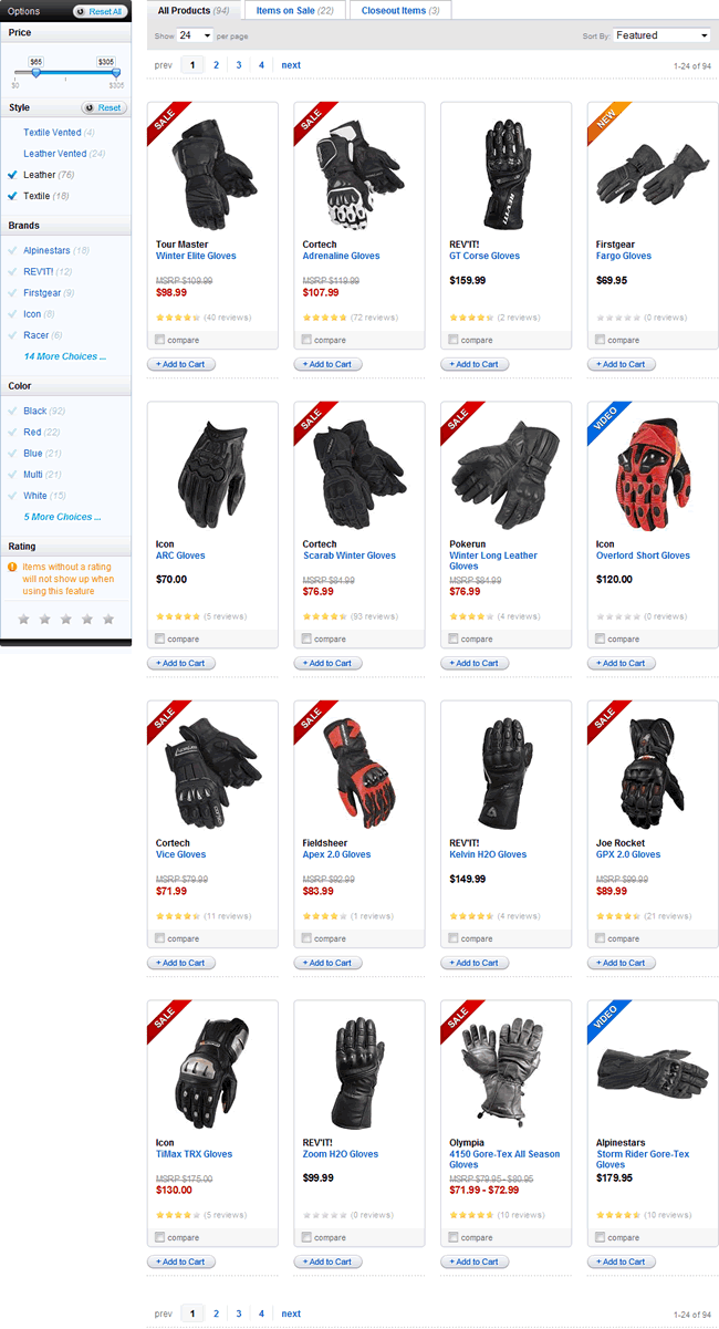 Motorcycle Superstore ecommerce gallery page design example