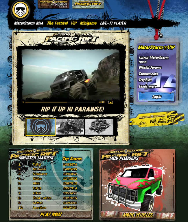 MotorStorm: Pacific Rift video game website design example