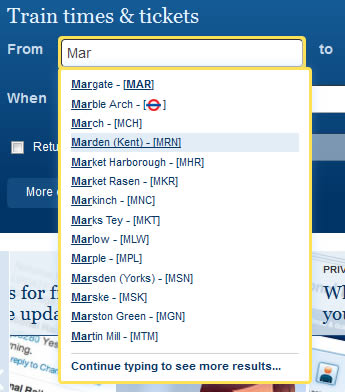 National Rail Enquiries search auto-complete design example