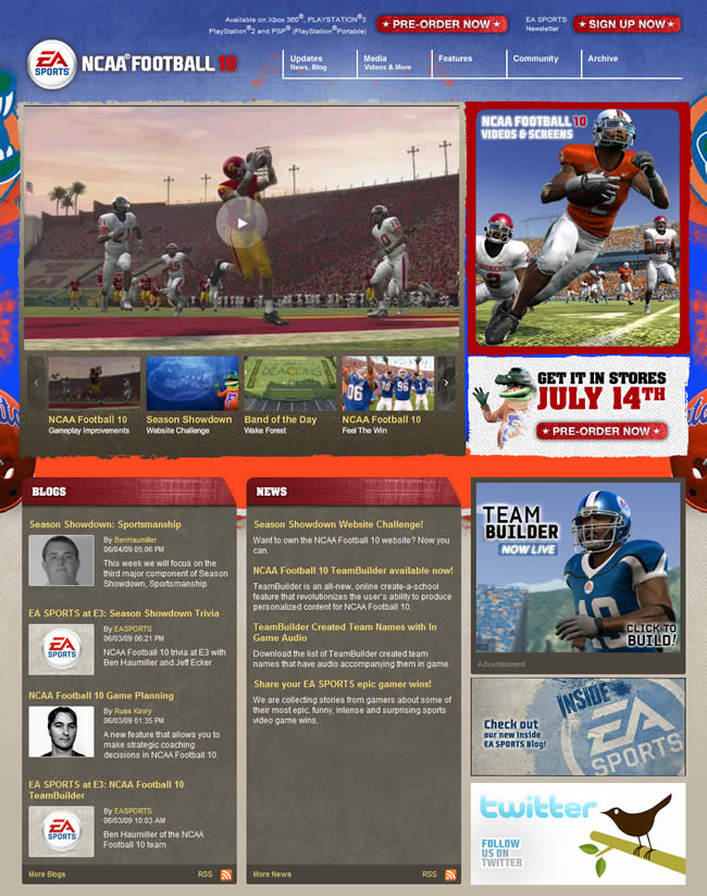 NCAA Football video game website design example