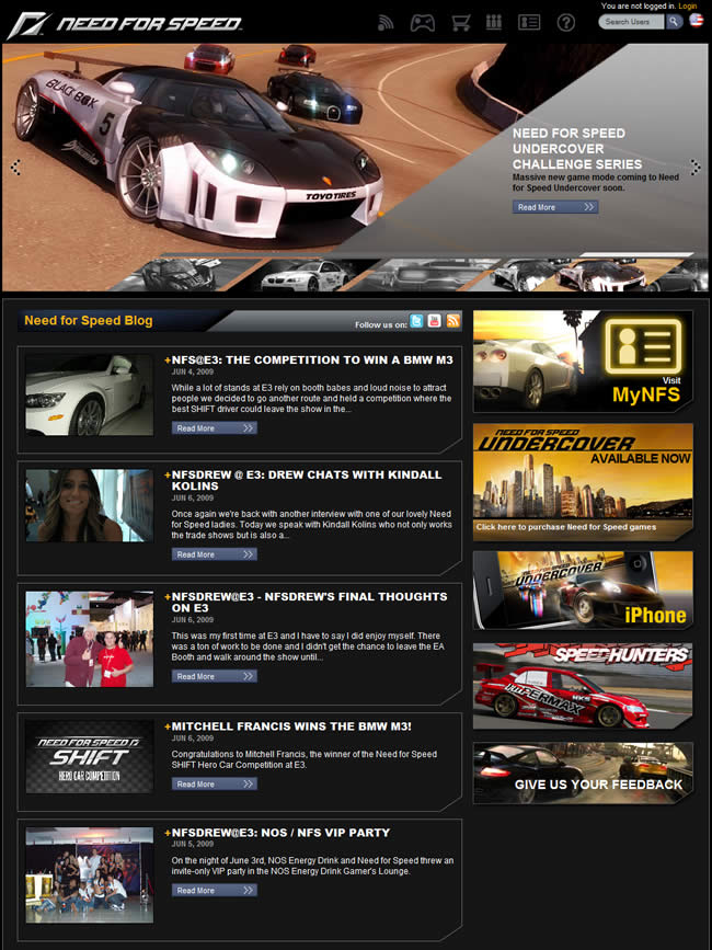 Need For Speed video game website design example