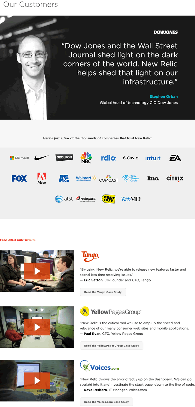 New Relic customers page design example