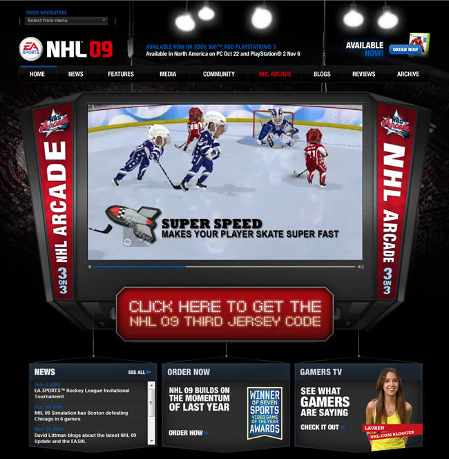 NHL '09 video game website design example