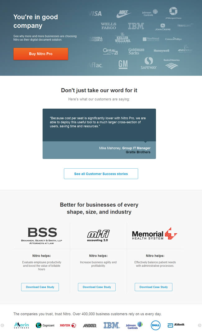 Nitro PDF customers page design example