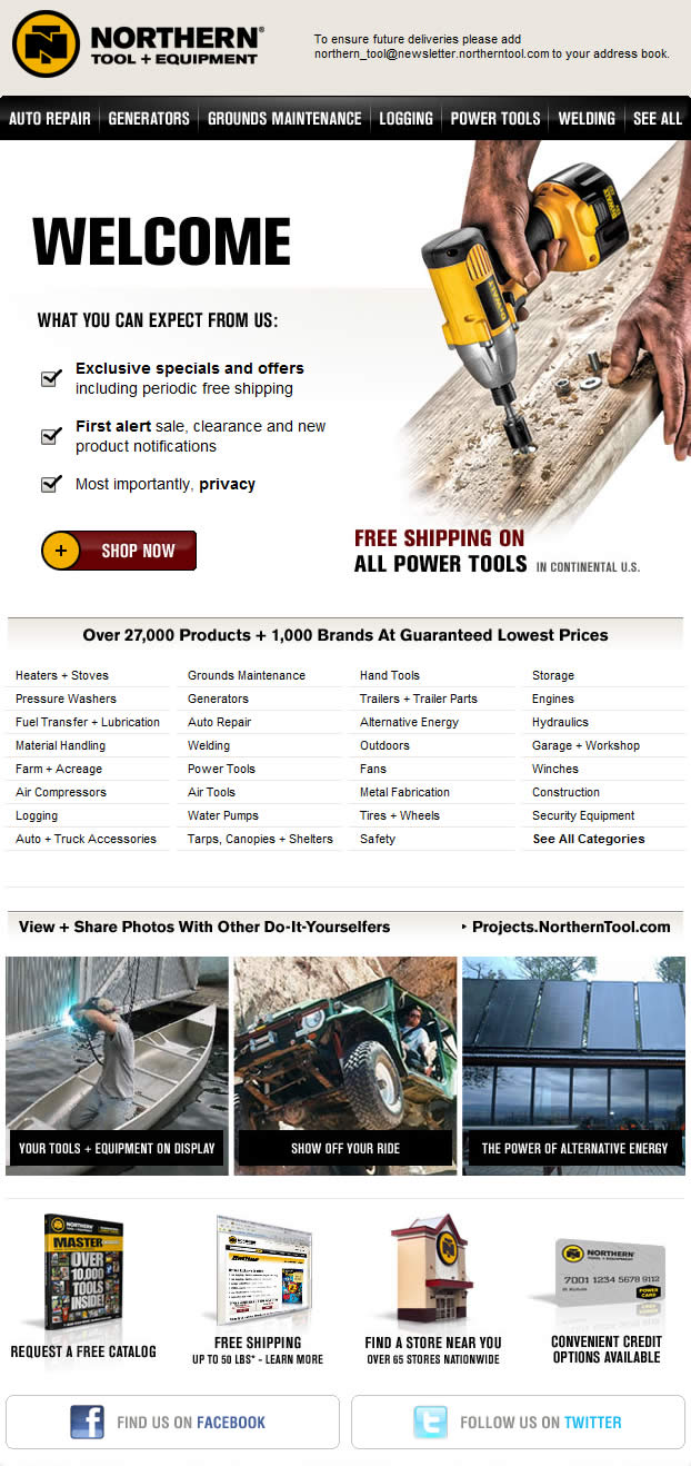 Northern Tool welcome email design example