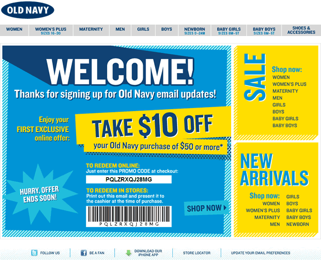 Old Navy welcome email design example