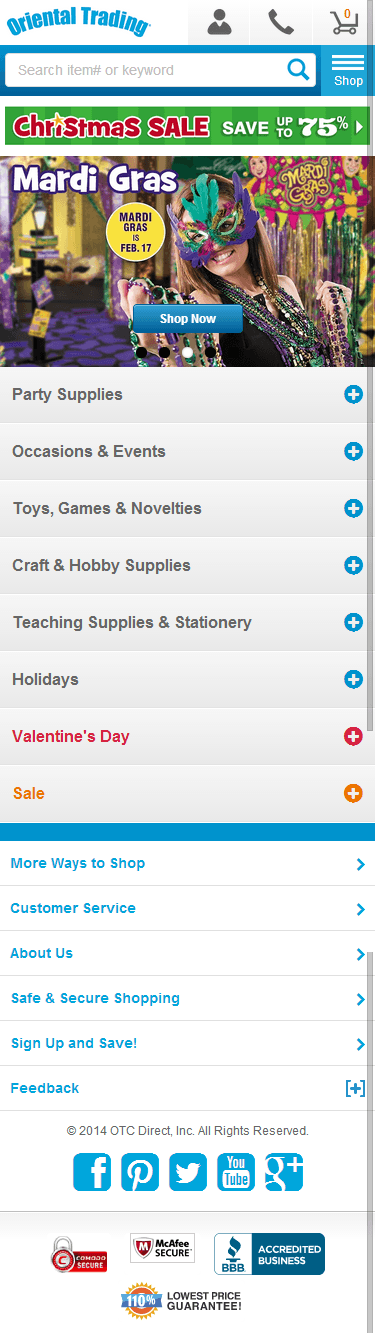 Oriental Trading mobile ecommerce home page design example
