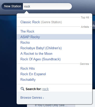 Pandora search auto-complete design example