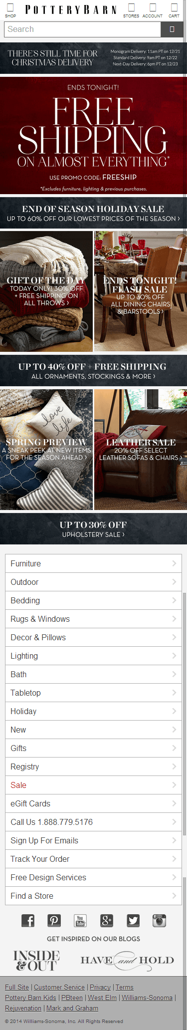 Pottery Barn mobile ecommerce home page design example