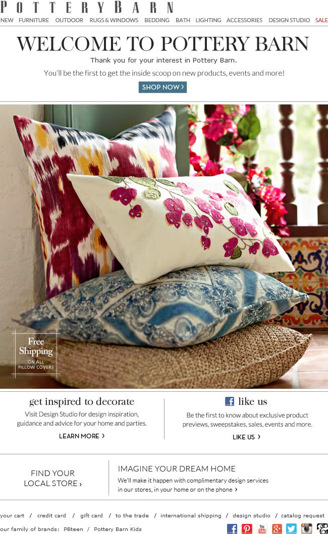 Pottery Barn welcome email design example