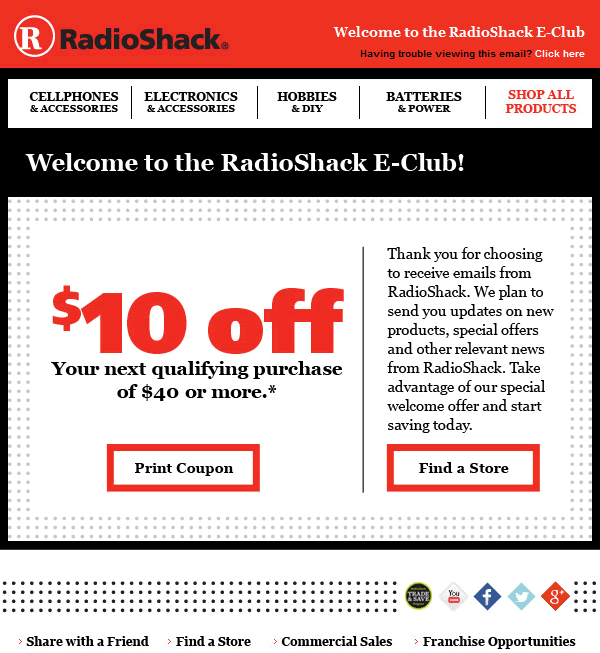 RadioShack welcome email design example