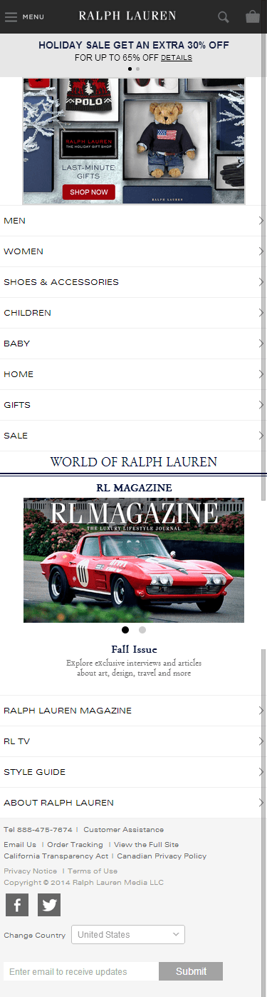 Ralph Lauren mobile ecommerce home page design example