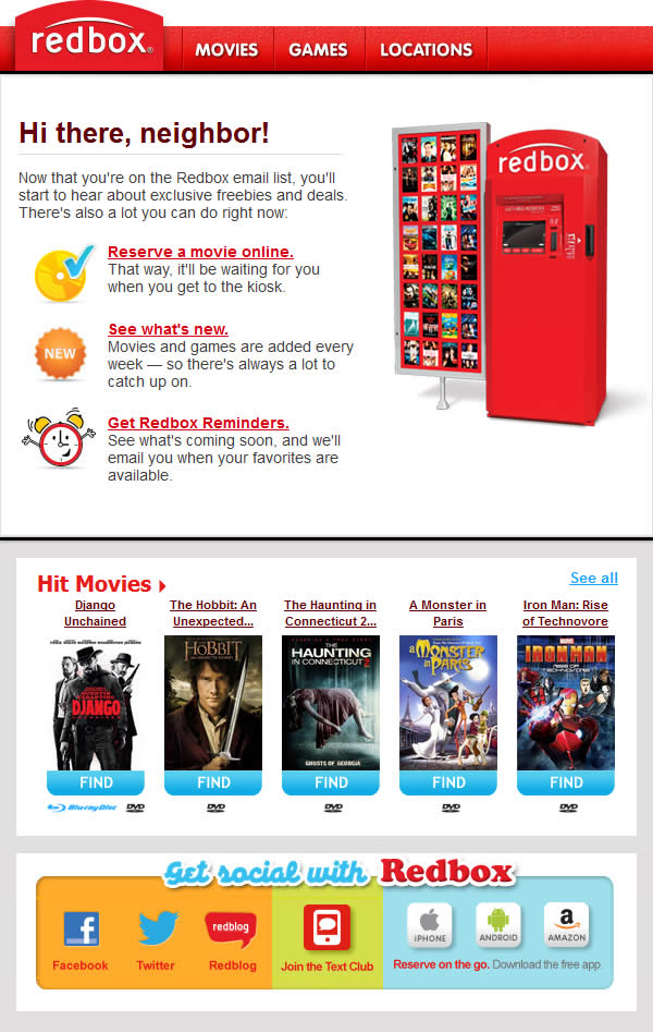 Redbox welcome email design example