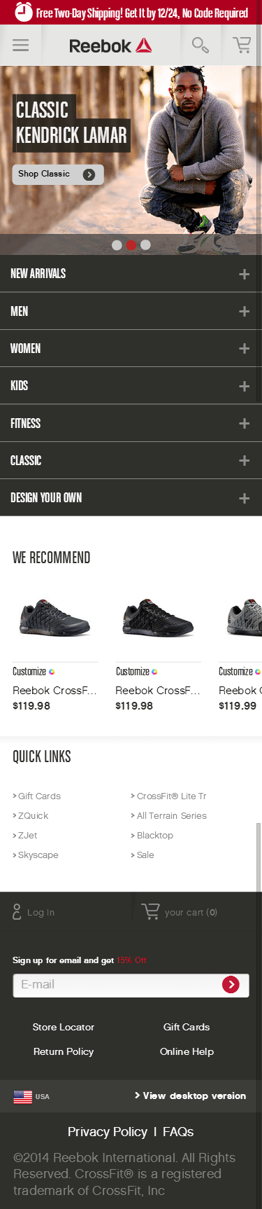 Reebok mobile ecommerce home page design example