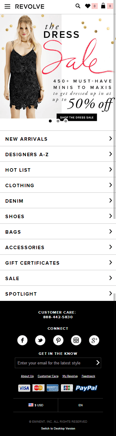 Revolve mobile ecommerce home page design example