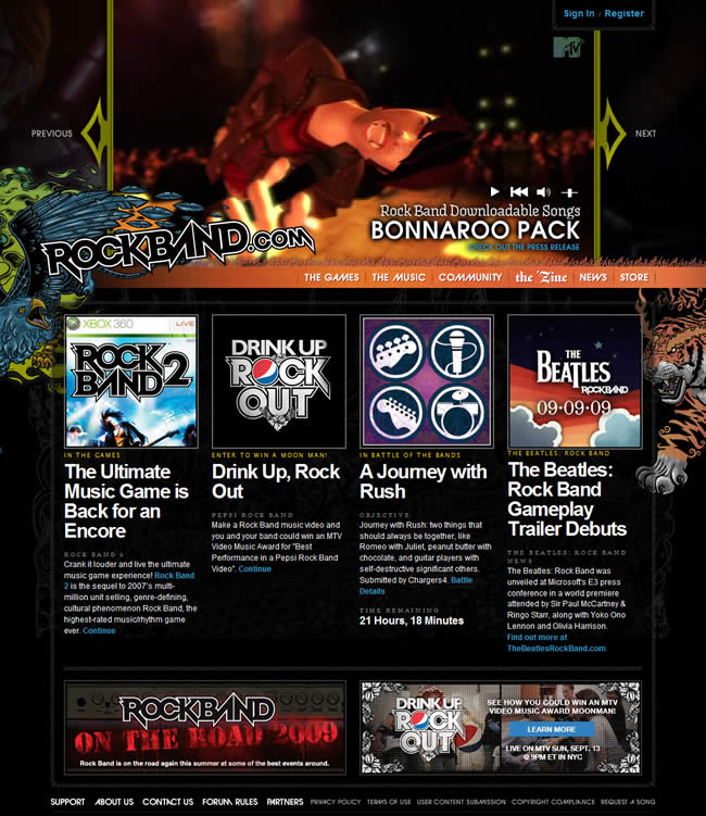 Rock Band video game website design example