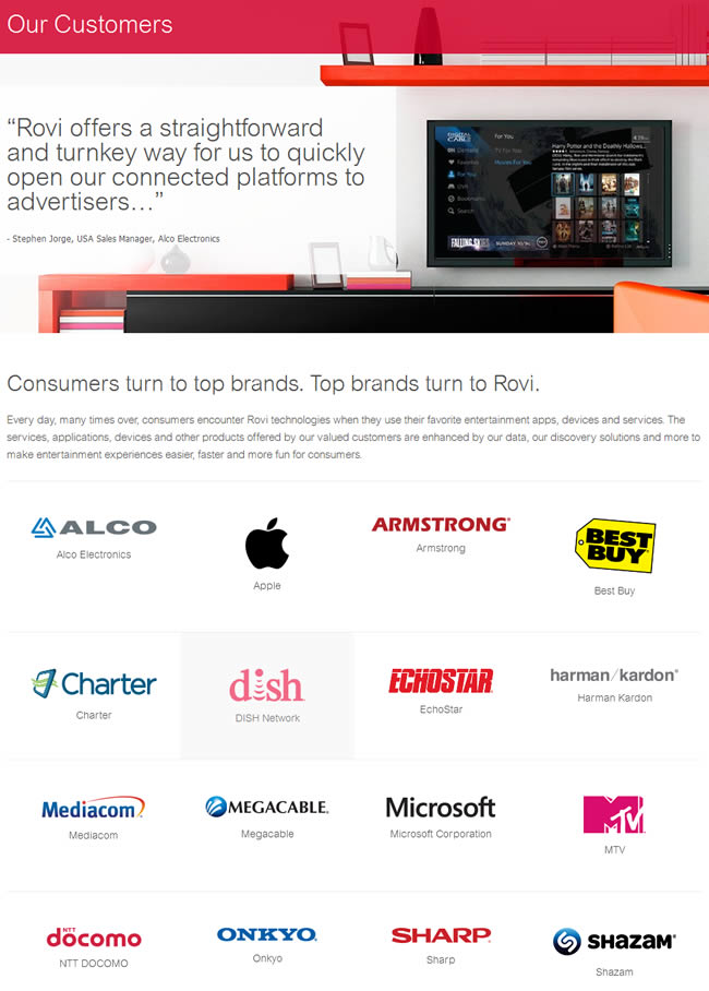 Rovi Corporation customers page design example