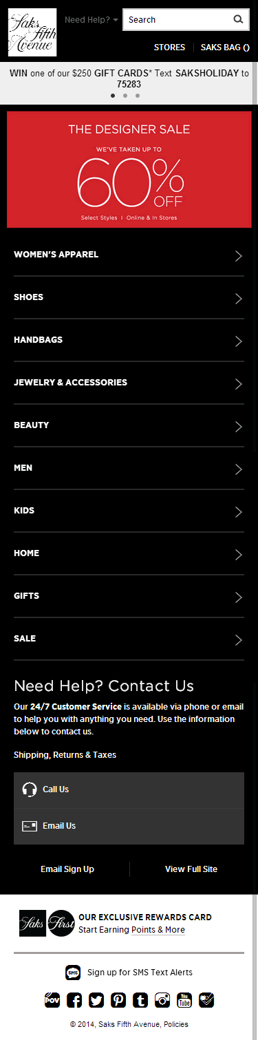 Saks Fifth Avenue mobile ecommerce home page design example