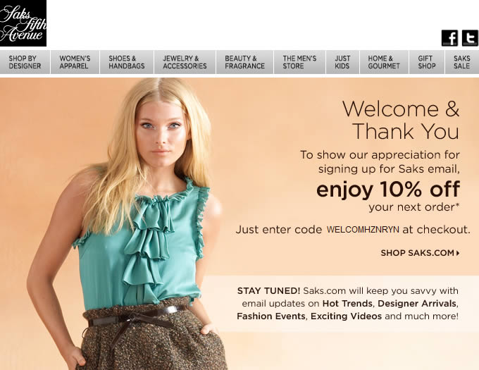 Saks Fifth Avenue welcome email design example