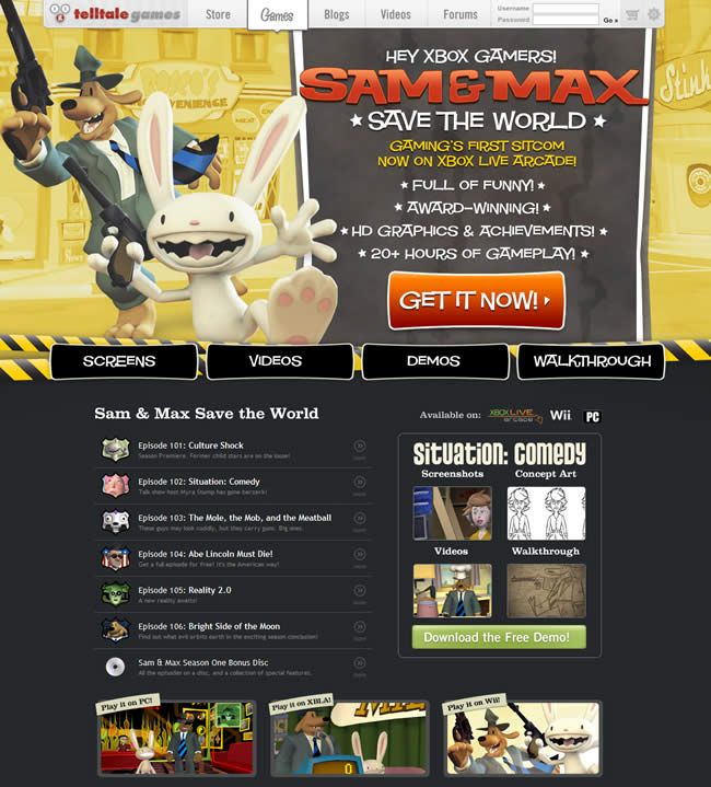 Sam and Max video game website design example