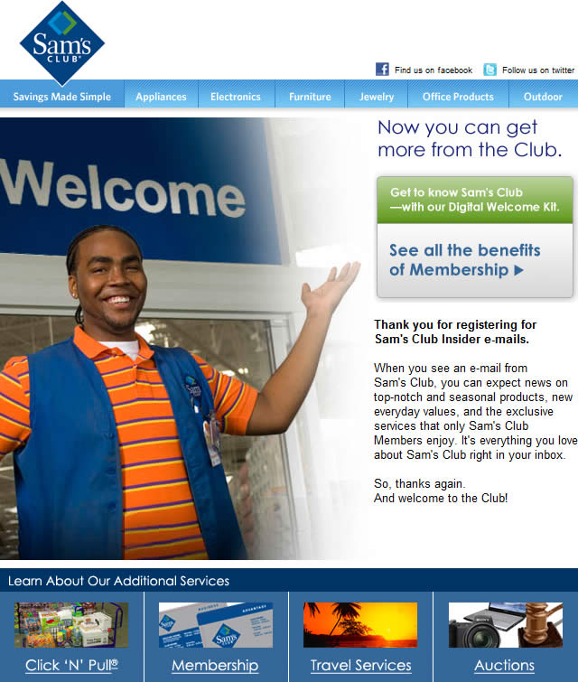 Sam's Club welcome email design example