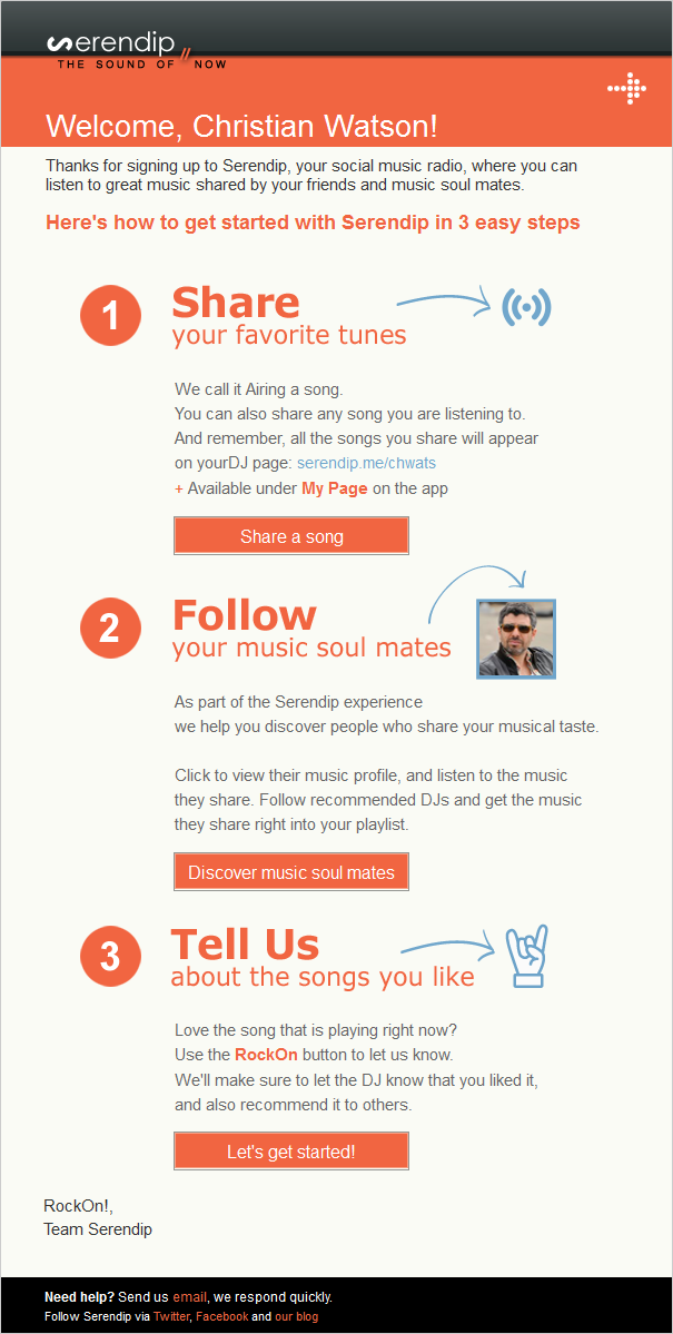 Serendip welcome email design example
