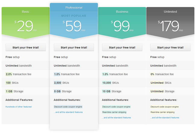 Shopify pricing table design example