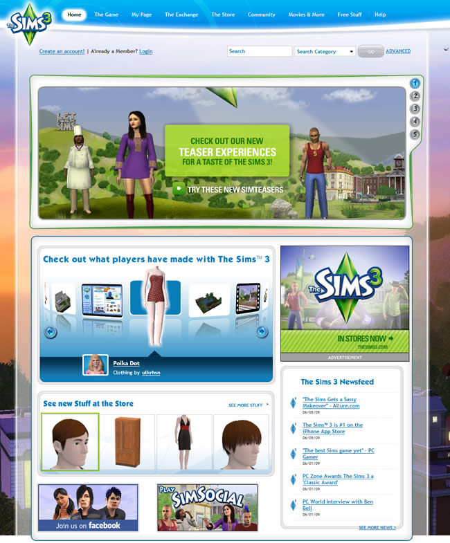 The Sims 3 video game website design example