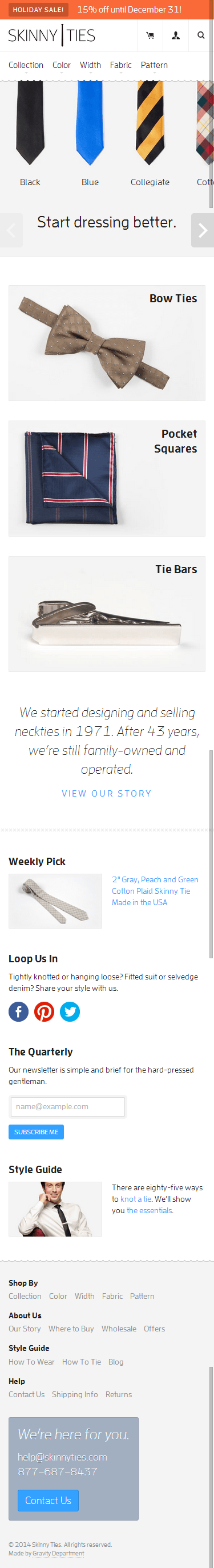 Skinny Ties mobile ecommerce home page design example