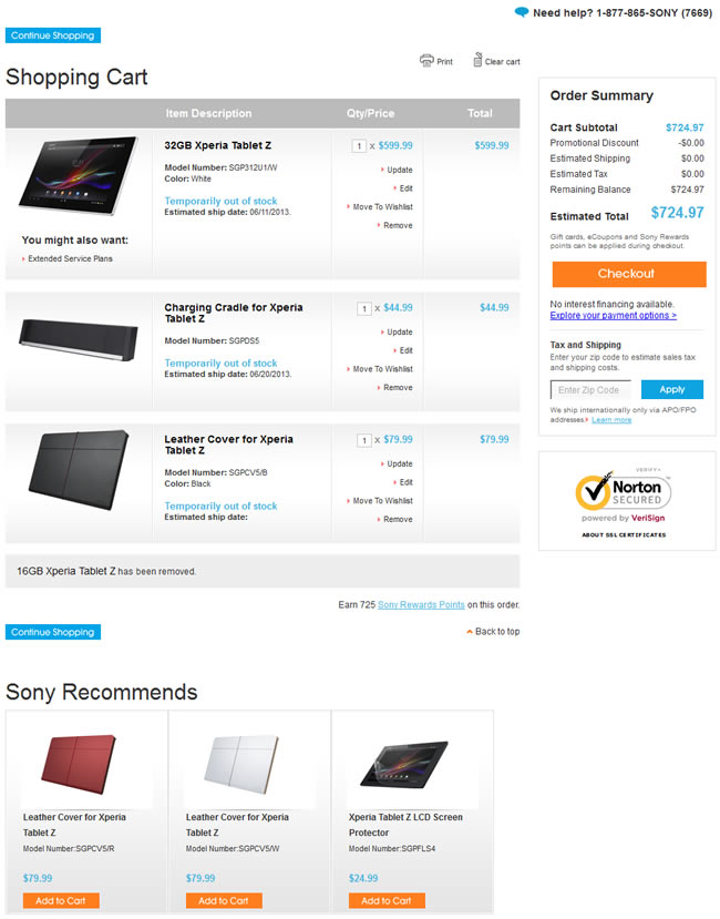 Sony ecommerce shopping cart design example