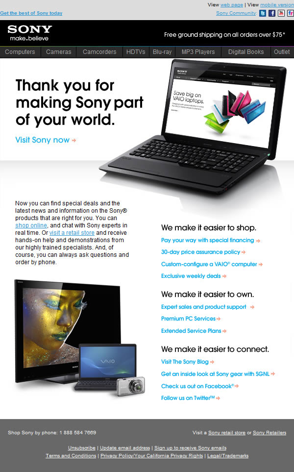 Sony welcome email design example