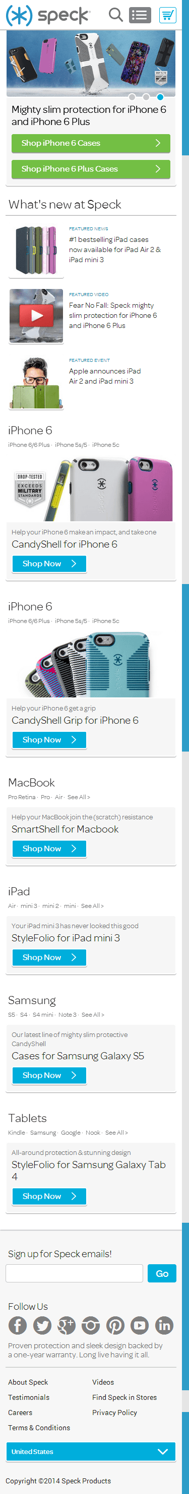 Speck Products mobile ecommerce home page design example