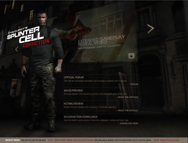 Splinter Cell Conviction video game website design example